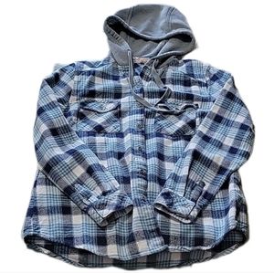 Victory Outfitters M Blue White Gray Hooded Button Down Plaid Flannel Shacket